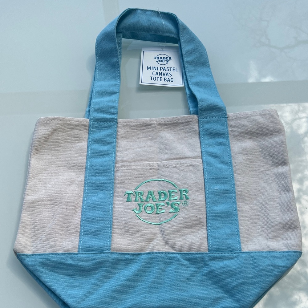 Trader Joe's Mini Canvas Tote in Light Blue and Cream NWT